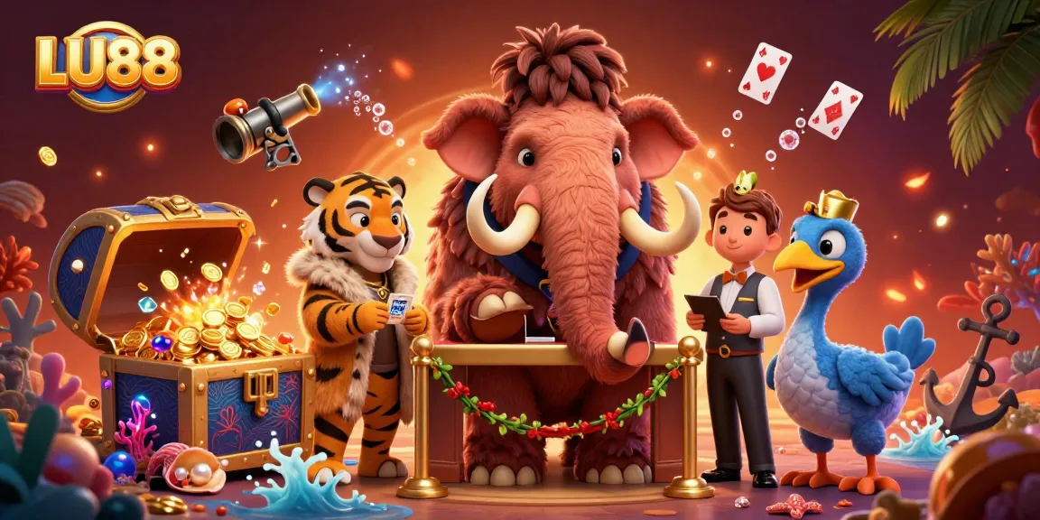 Experience the excitement of LU88 with cartoon characters in a vibrant casino scene.