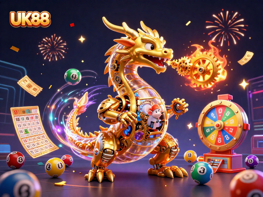 Experience the thrill of UK88 with a vibrant 3D illustration showcasing lottery balls and a golden dragon.