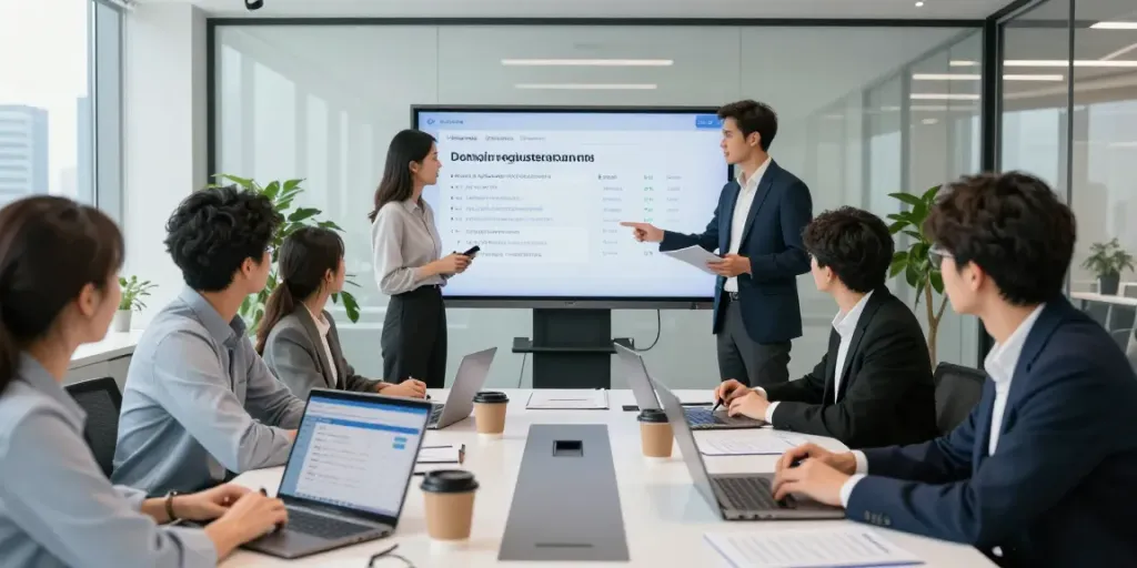 Domeinregistratie presentatie in moderne professionele kantooromgeving met teamleden die samenwerken.