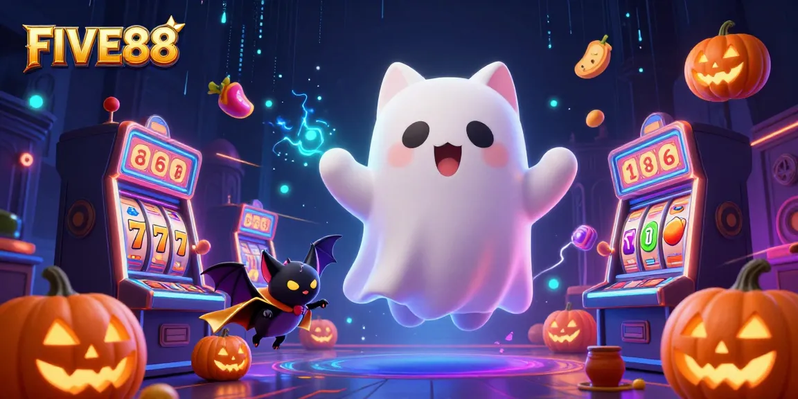 Experience the thrill of immersive slots at FIVE88 with a ghost cat and glowing casino elements.