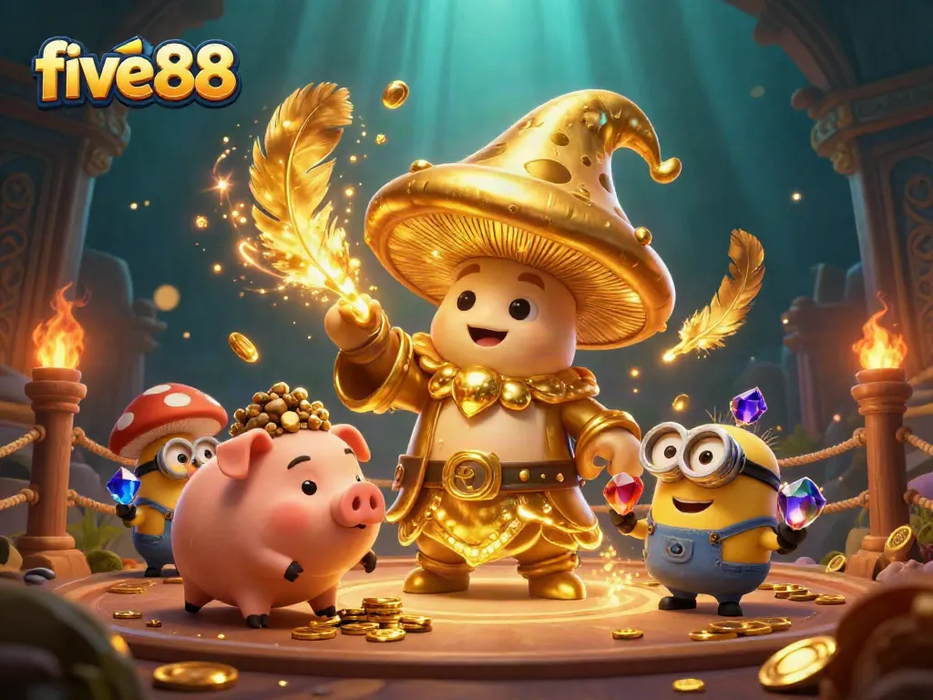 five88 showcases a magical scene with a wizard transforming treasures, complemented by vibrant casino elements.