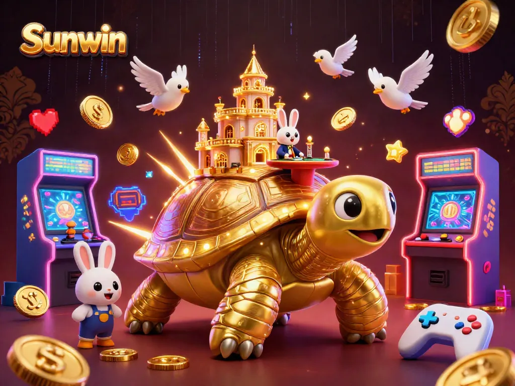 Experience the excitement of Sunwin with a vibrant 3D casino illustration featuring a grand tortoise casino.