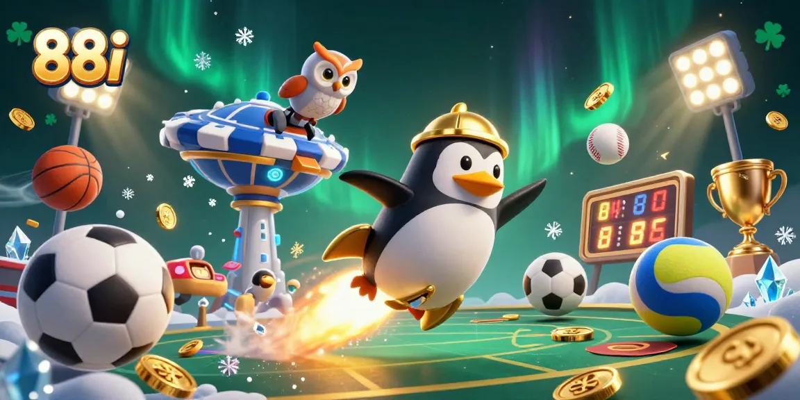 Experience the excitement of 88i as a golden penguin launches into a vibrant casino-themed space, surrounded by dynamic sports elements.