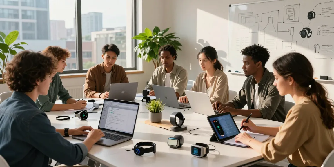 Diverse team collaborating on AI wearables in a modern tech workspace, surrounded by prototypes and tech gadgets.