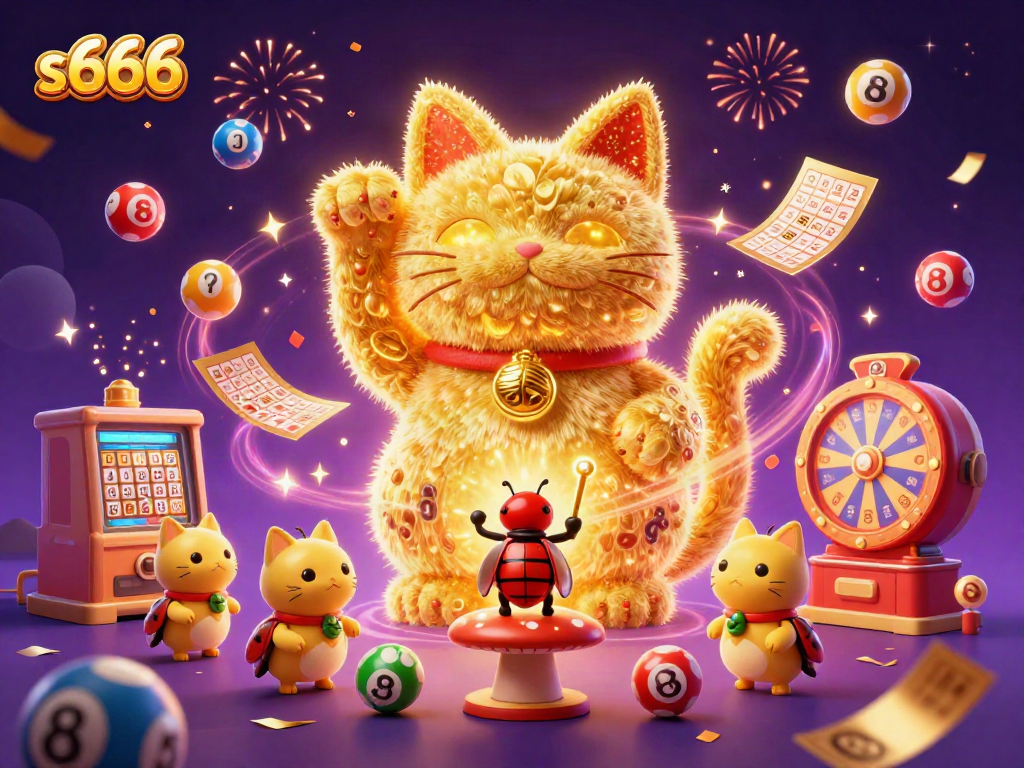 Engage with the vibrant world of s666 as golden fireflies form a lucky cat surrounded by lively casino elements.