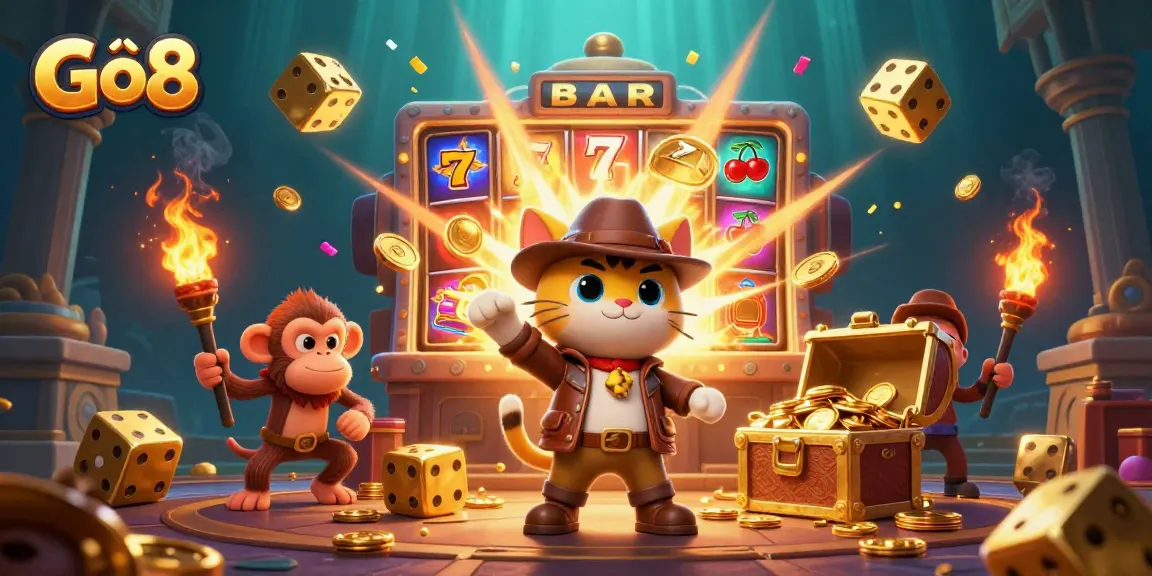 Win big at Gô8 with a thrilling 3D illustration of an explorer finding casino treasures in a vibrant setting.