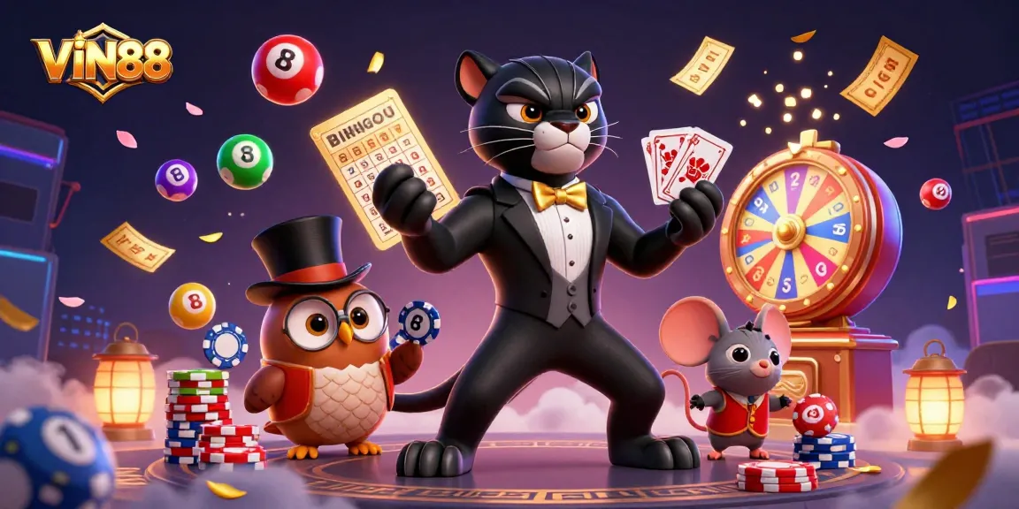 Experience thrilling games at VIN88 with a stylish black panther dealer, lucky owl, and vibrant lottery elements.
