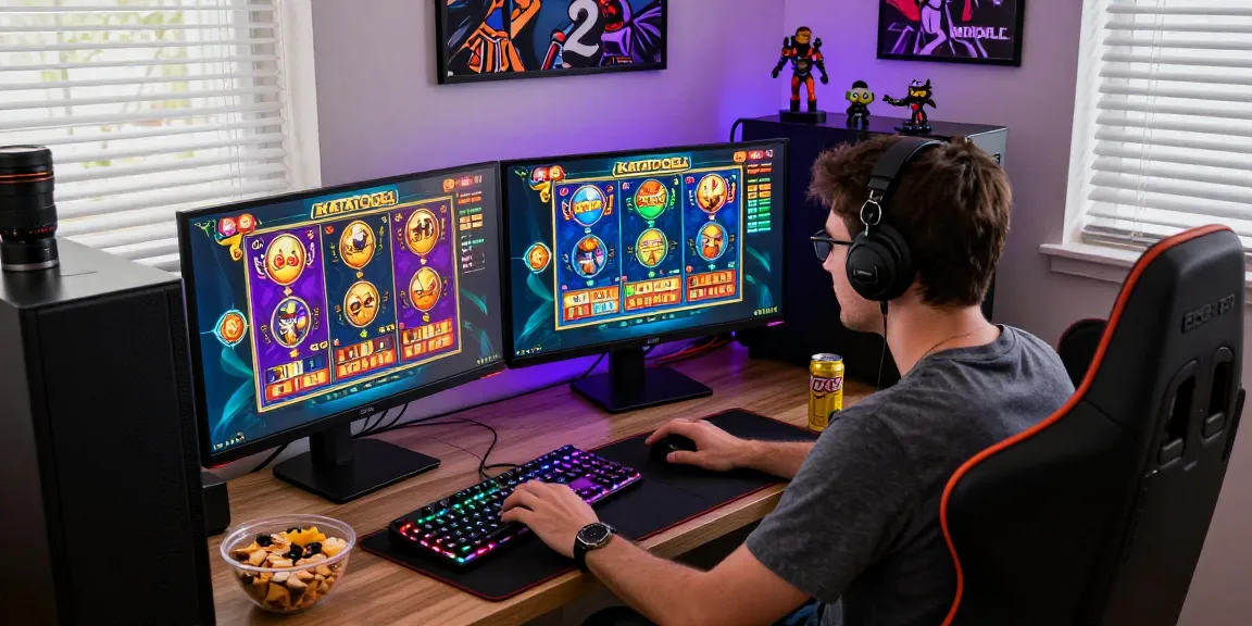 Katatogel gaming enthusiast immersed in vibrant online slot gameplay, showcasing a lively home gaming setup.
