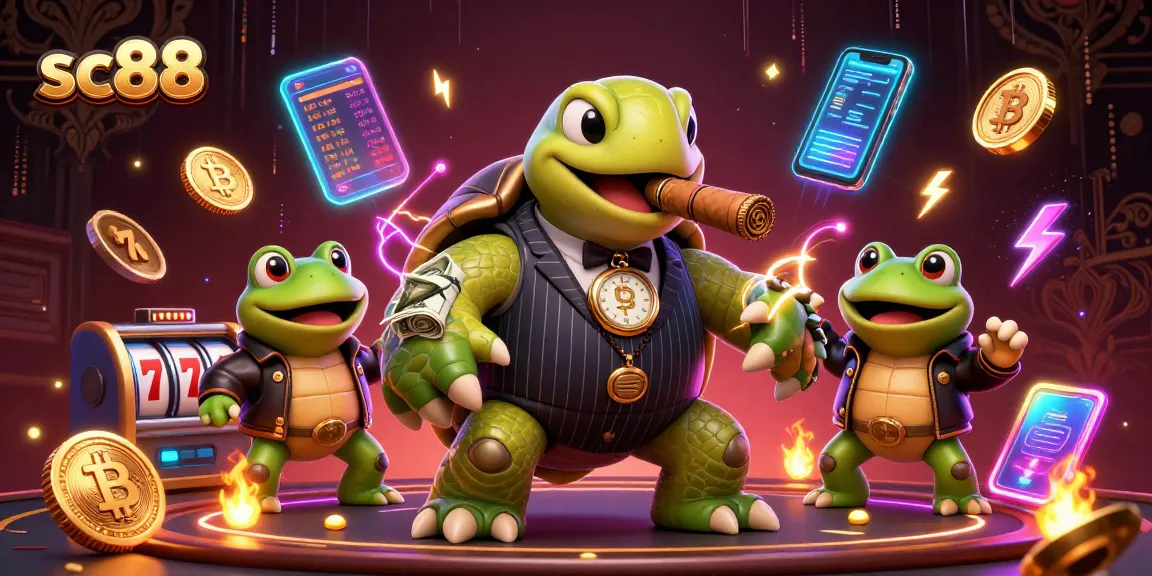 Experience the thrill of sc88 as a massive snapping turtle in a suit leads a vibrant casino scene.
