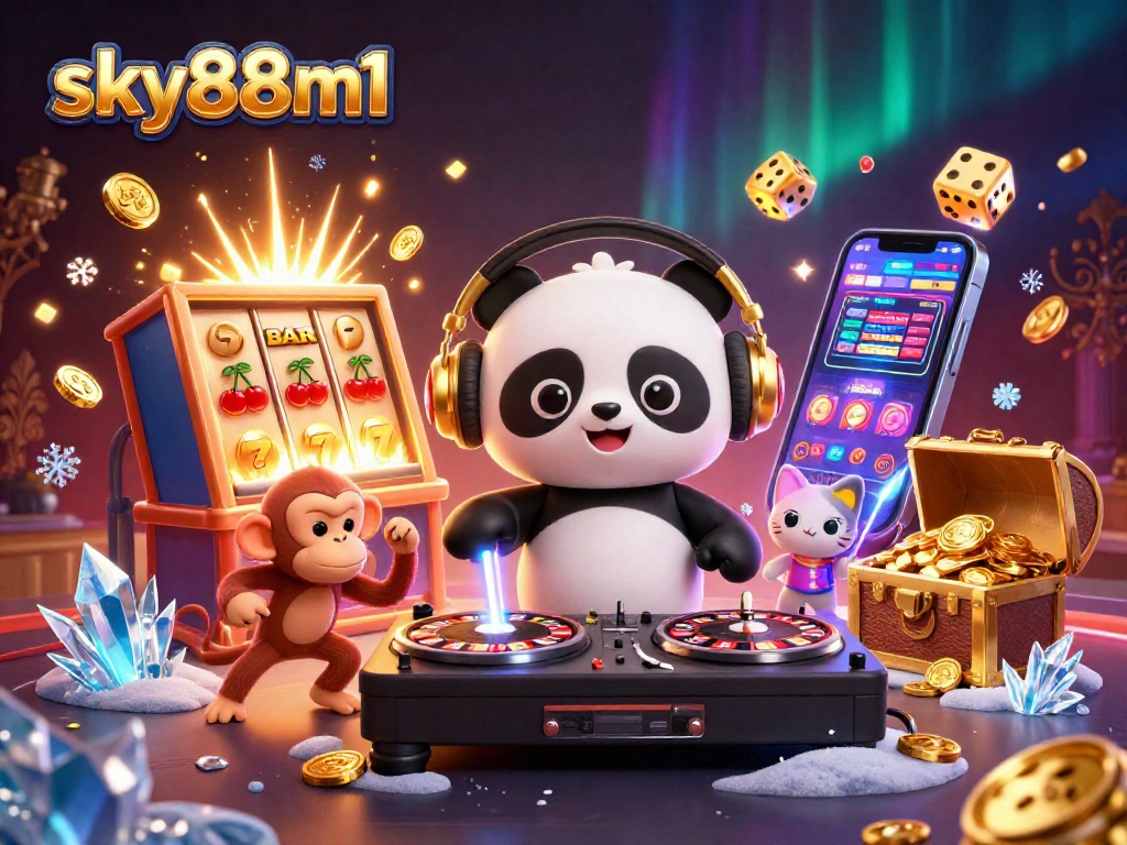Experience vibrant gaming action at sky88m1 with a DJ panda and immersive casino atmosphere.