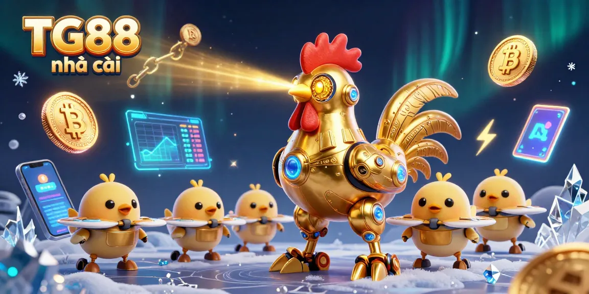 Engage with TG88 nhà cái through a colorful 3D casino-themed illustration featuring vibrant cryptocurrency elements.