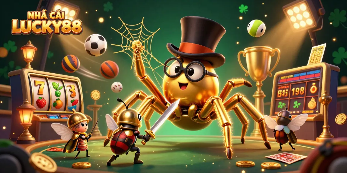 Engaging scene showcasing NHÀ CÁI LUCKY88 with a giant golden tarantula and beetle knight among casino elements and golden treasures.