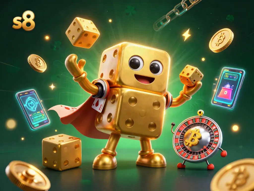 Engage with s8's vibrant casino world featuring a golden dice golem and dazzling crypto elements.