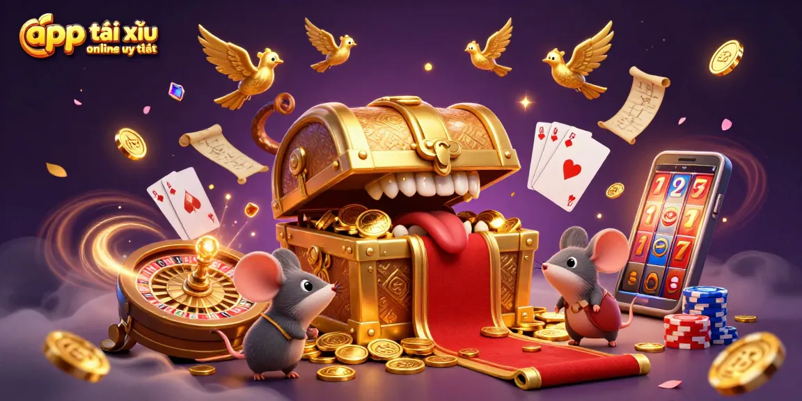 Engaging adventurer mice discover the app tài xỉu online uy tín amid flying coins and vibrant gaming elements.