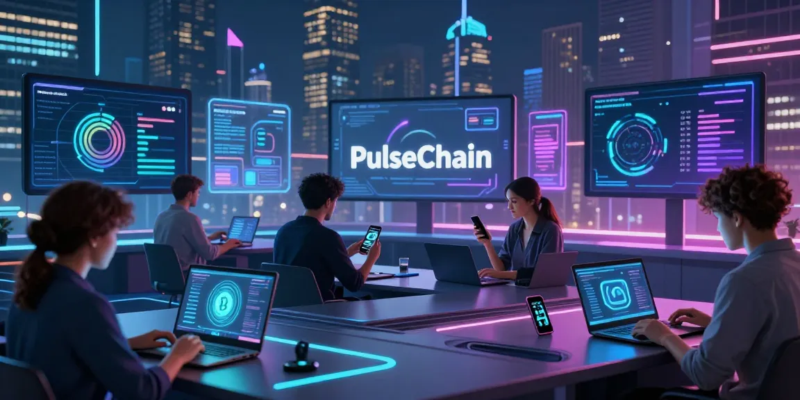 PulseChain Bridge experience with individuals using laptops and smartphones in a futuristic setting.