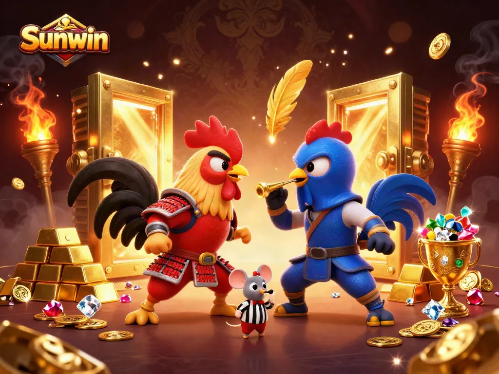 Engage with Sunwin's thrilling rooster duel amid golden treasures in this dynamic casino art.