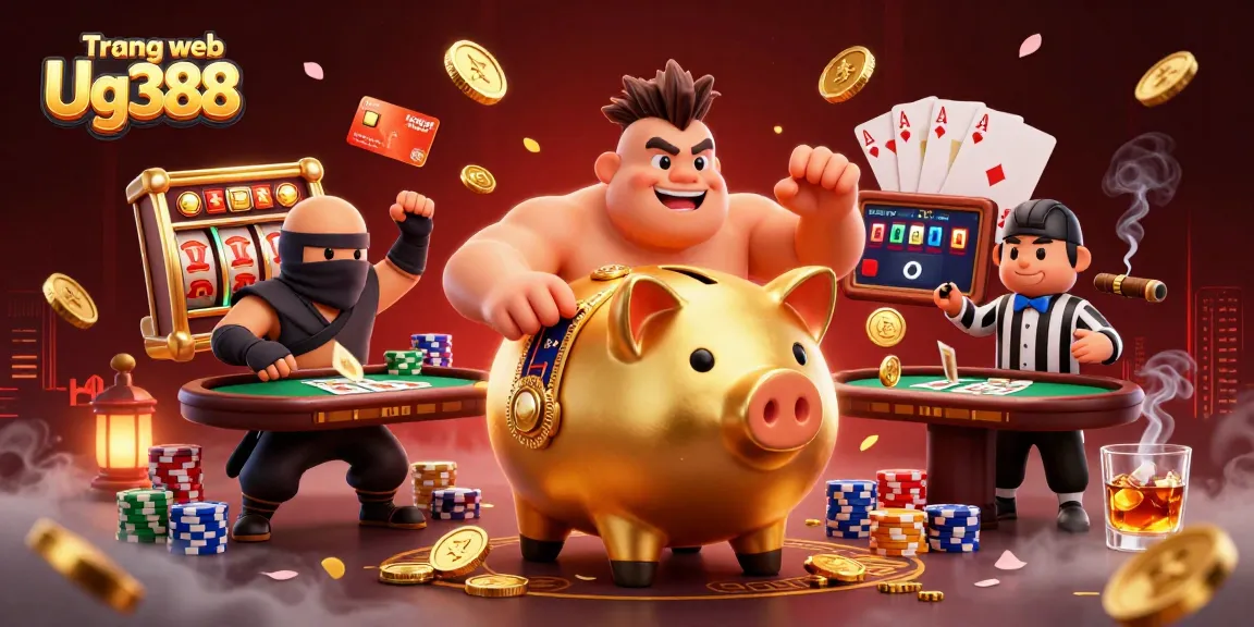 Experience thrilling action on Trang web Ug388 with a lively casino scene featuring a whimsical piggy bank sumo wrestler amidst poker elements.