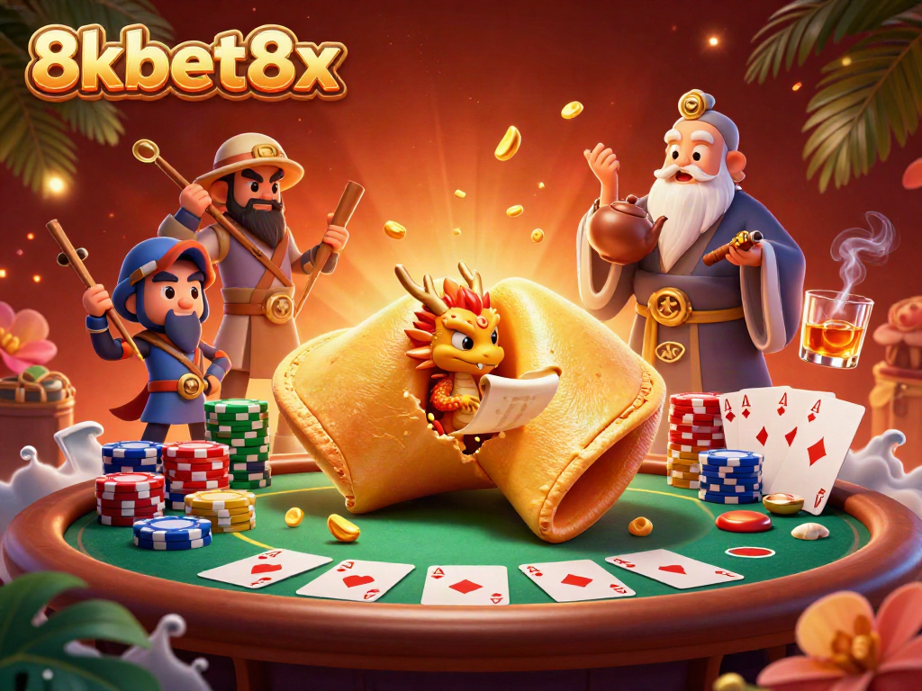 Engage in dynamic gameplay with 8xbet8x's rich casino scene featuring golden fortune cookie characters and poker elements.
