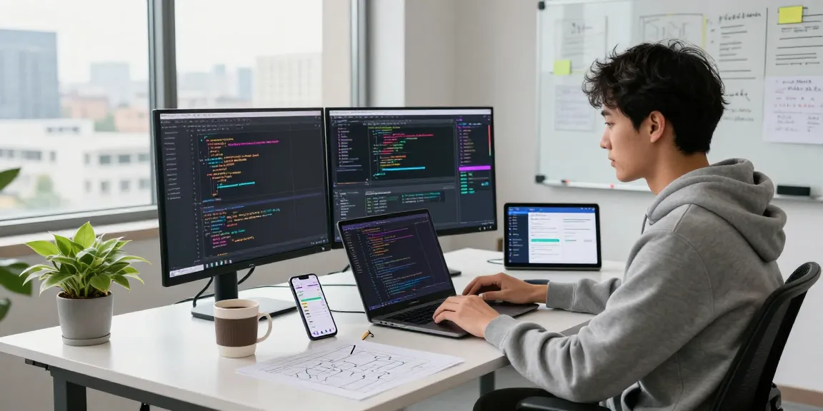 Build internal tools with AI in a vibrant office setting, showcasing coding and collaboration.
