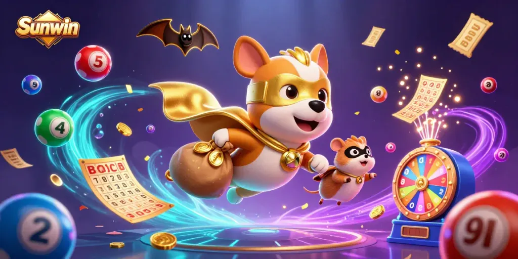 Sunwin reveals epic fun as a superhero dog wings through a casino adventure scene, capturing excitement.