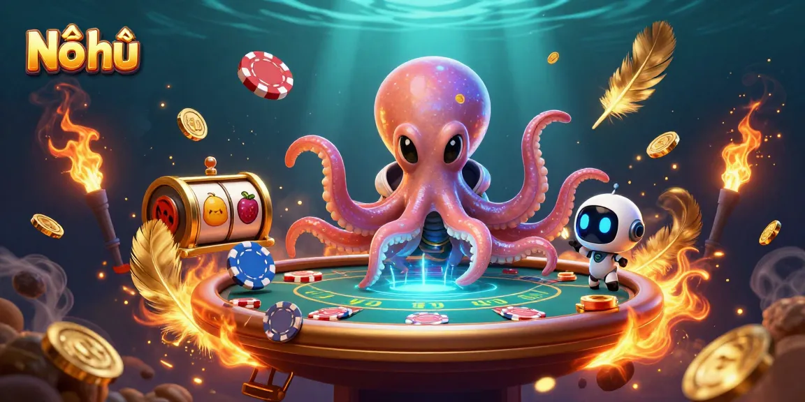 Nổ hũ slots dynamic scene with an alien octopus and robot companion at a poker table.