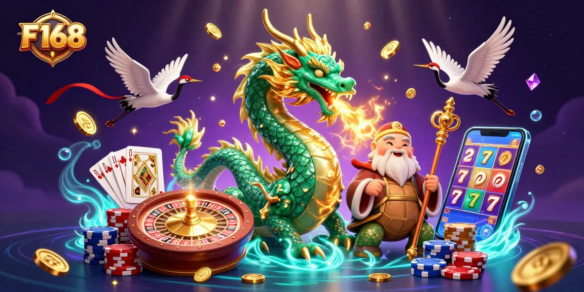 Experience thrilling gameplay with F168, featuring a powerful jade dragon and lucky symbols amidst dazzling casino elements.