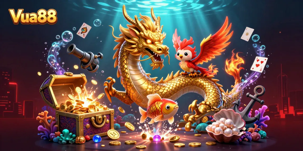 Vua88 captivates players with vibrant casino elements, featuring a golden dragon, phoenix, and koi in enchanting gaming scene.