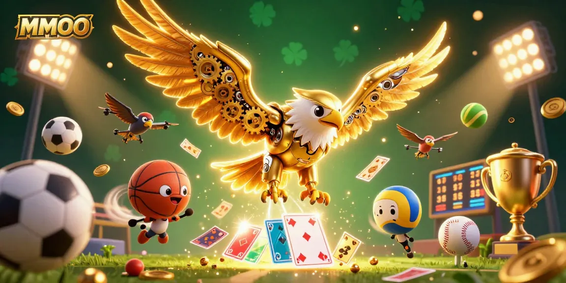 MMOO showcases a vibrant 3D scene with a golden eagle among casino-themed elements like playing cards and trophies.