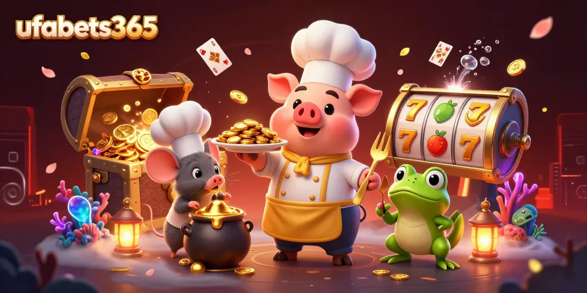 Experience the thrilling fun of ufabets365 with a chef pig and friends among gold coins.
