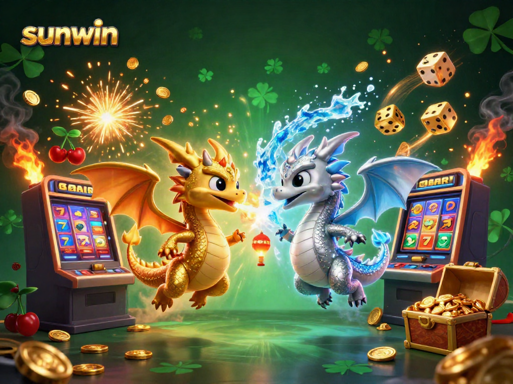 Win big with sunwin in a vibrant scene of dragons, slot machines, and casino excitement