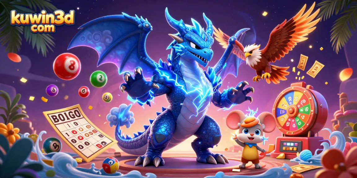 Spin and win with kuwin3d com in this vibrant 3D casino-themed illustration showcasing exciting game elements.