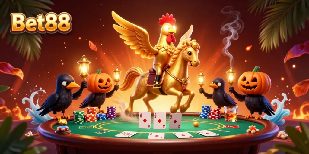 Experience excitement at Bet88 with a golden rooster gaming in a vibrant casino setting filled with poker elements.