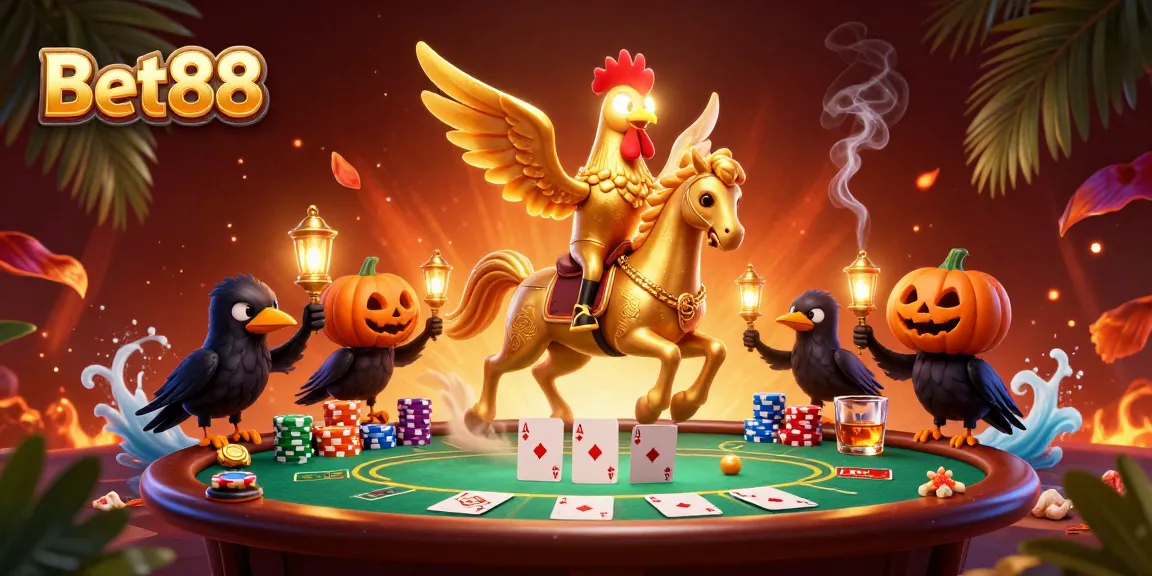 Experience excitement at Bet88 with a golden rooster gaming in a vibrant casino setting filled with poker elements.