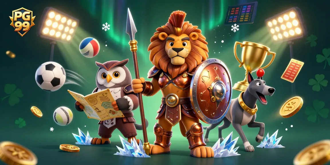 Bet on PG 99 with a 3D Spartan lion, owl, and greyhound in an action-packed casino scene.