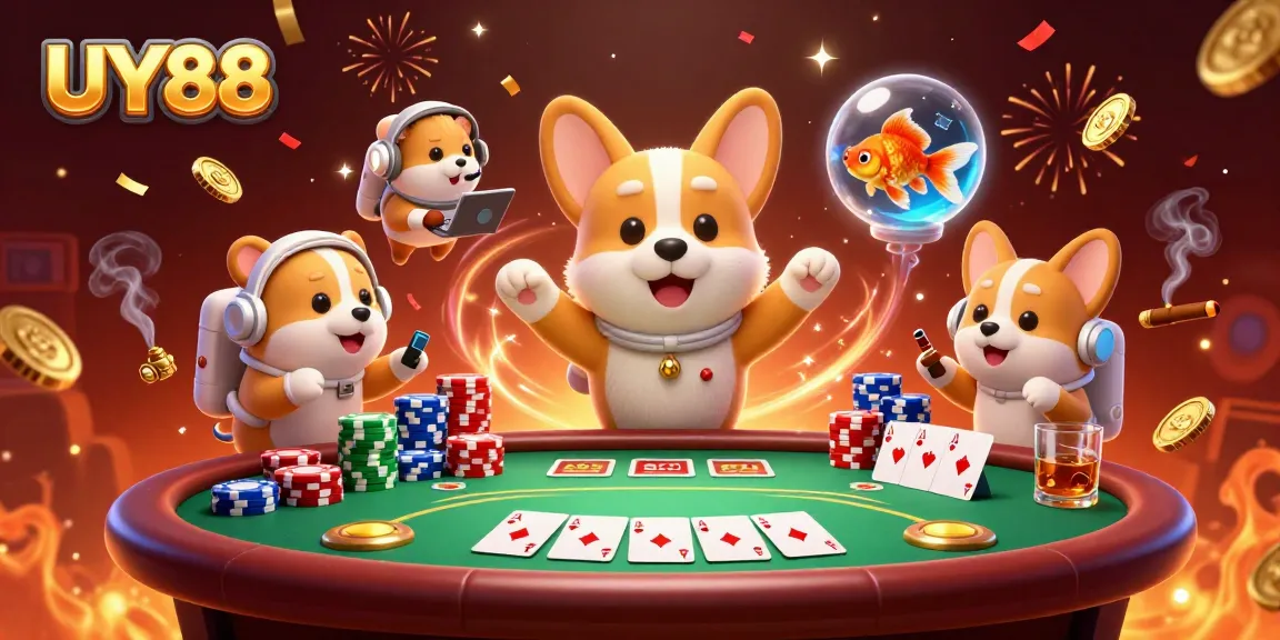 Win big with UY88 as a floating astronaut corgi navigates a vibrant casino space!