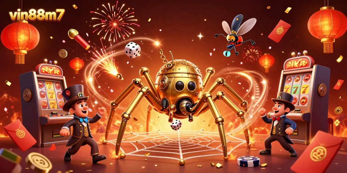Experience the excitement of vin88m7 as a steampunk spider spins its web of fortune, surrounded by casino delights.