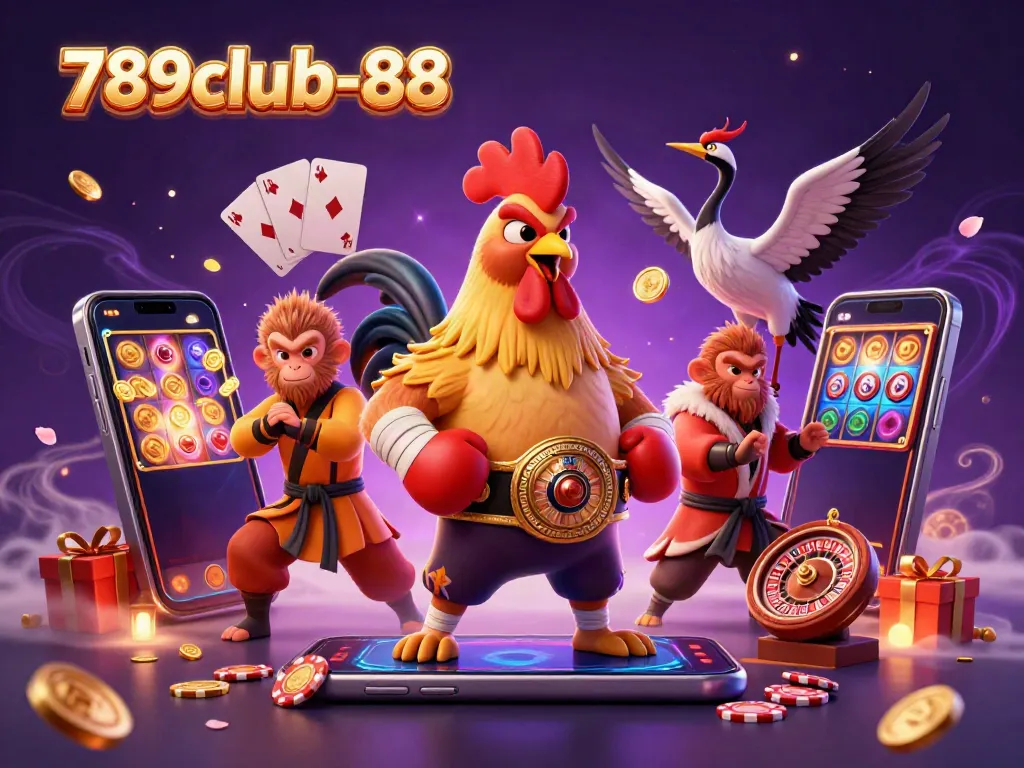 Engage with 789club-88's dynamic casino scene featuring a Muay Thai rooster, Shaolin monkey, and crane master with immersive gaming elements.