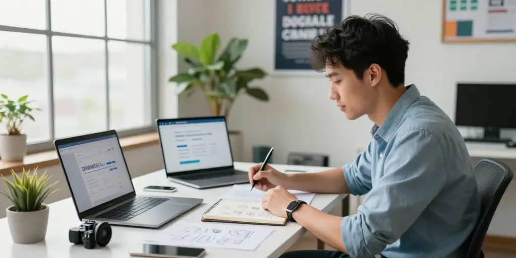 Eén ondernemer registreert een domeinnaam met een laptop in een moderne werkomgeving, gericht op domeinnaam registreren.