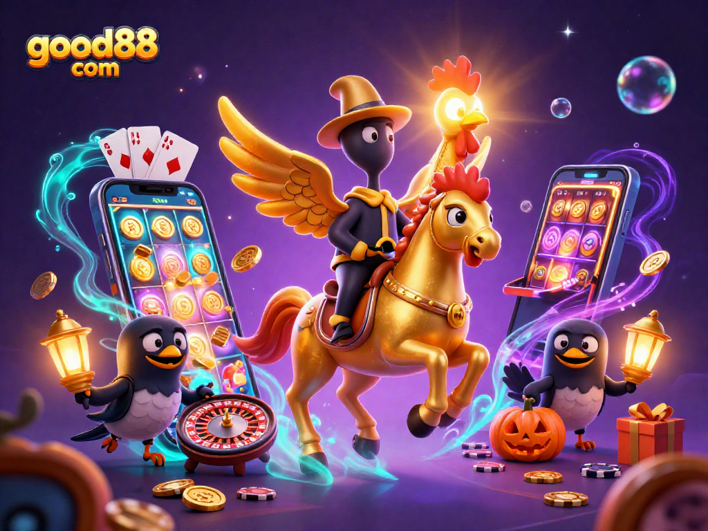 Spin vibrant slots at good88 com with a golden rooster and its spectral companions in a dazzling casino.
