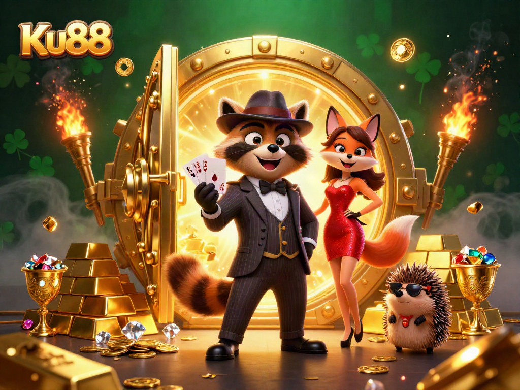 Experience thrilling gameplay at Ku88 with a royal flush and dazzling gems in a vibrant casino scene.