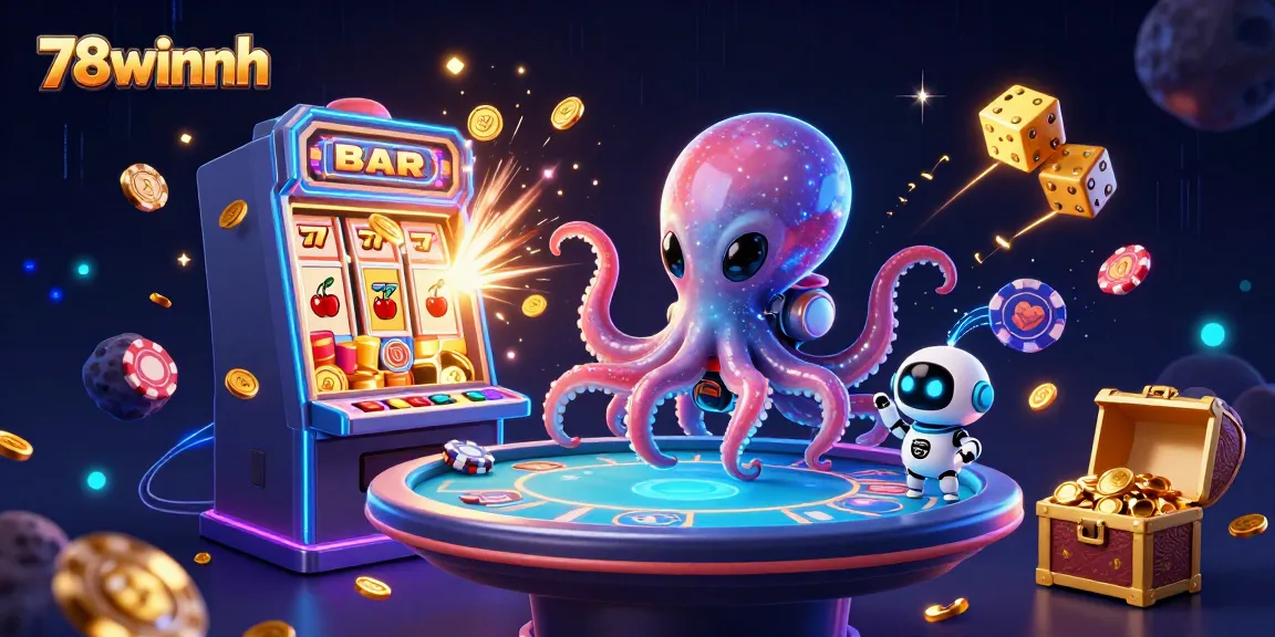 Engaging illustration of 78winnh featuring an alien octopus at a poker table with dynamic casino elements.