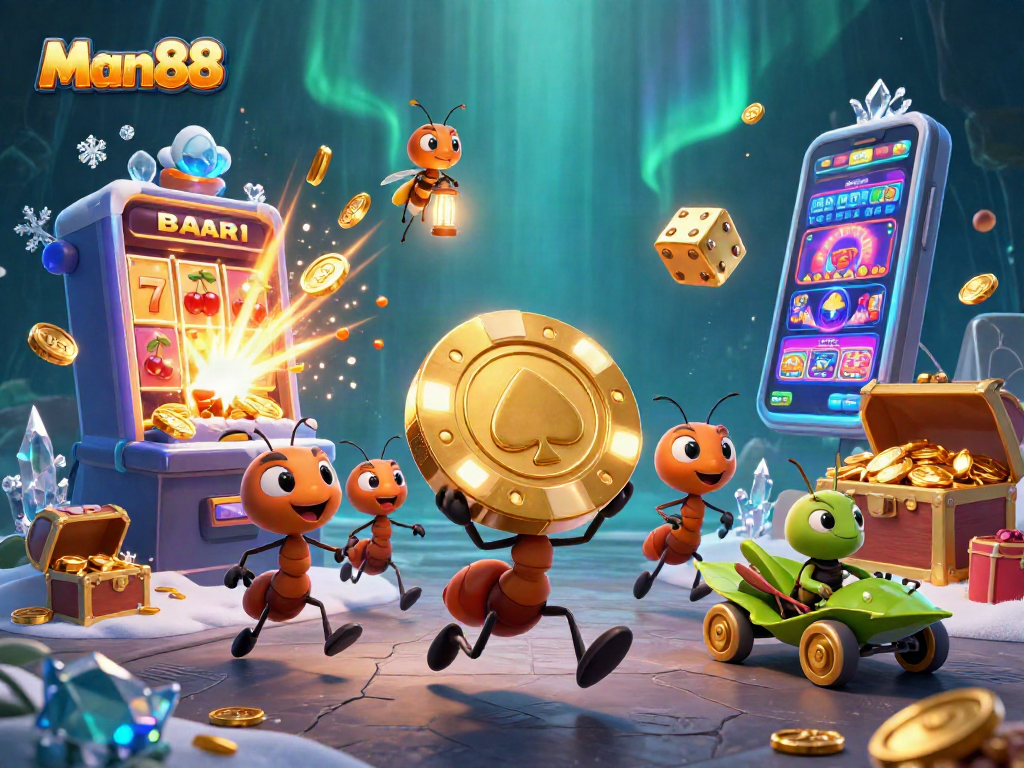 Engage in thrilling gameplay at Man88 with a dynamic scene of cartoon ants on a heist amidst a jackpot explosion.
