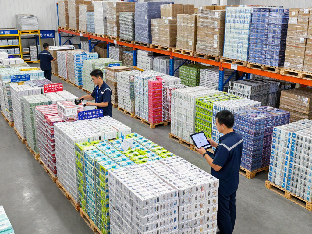 Chinese vape manufacturers EU Warehouse bustling with activity and organized inventory.