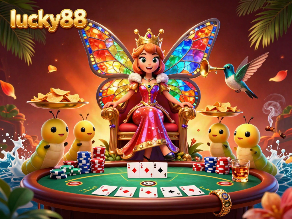 Experience thrilling games at lucky88 with a vibrant 3D illustration featuring casino elements and a butterfly queen.