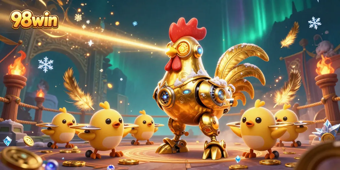 Experience thrilling gameplay with 98win's golden rooster robot and baby chick drones in action.