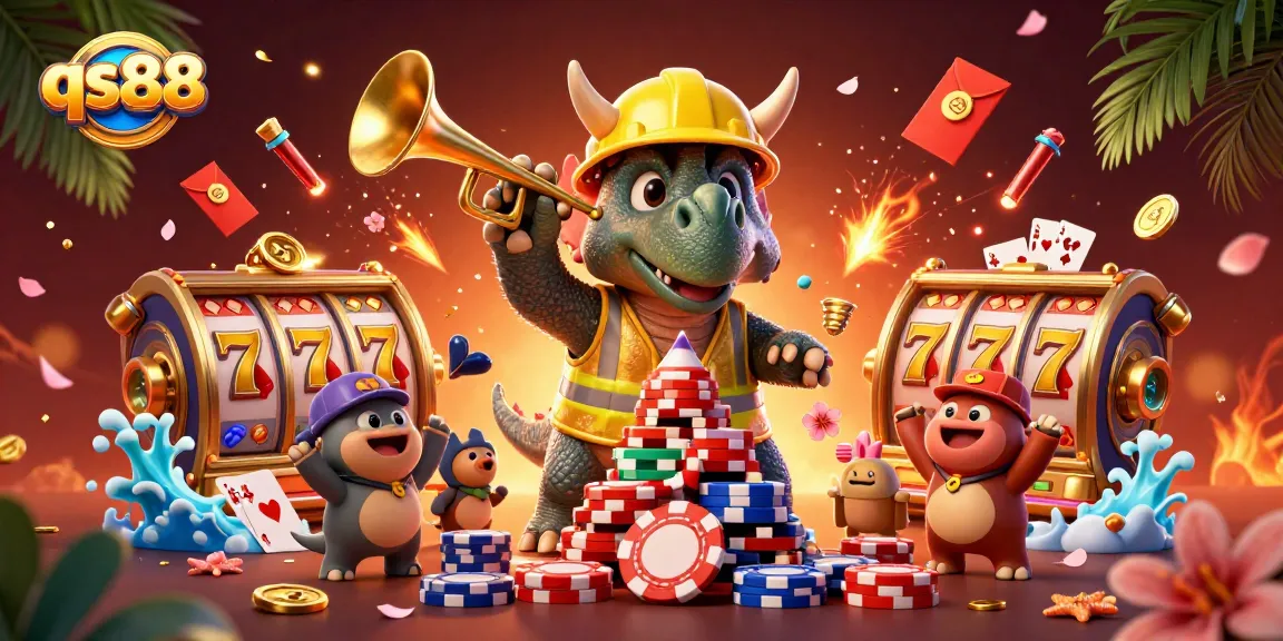 qs88 engages players with a lively casino scene featuring neon poker chips and cheering dinosaurs.