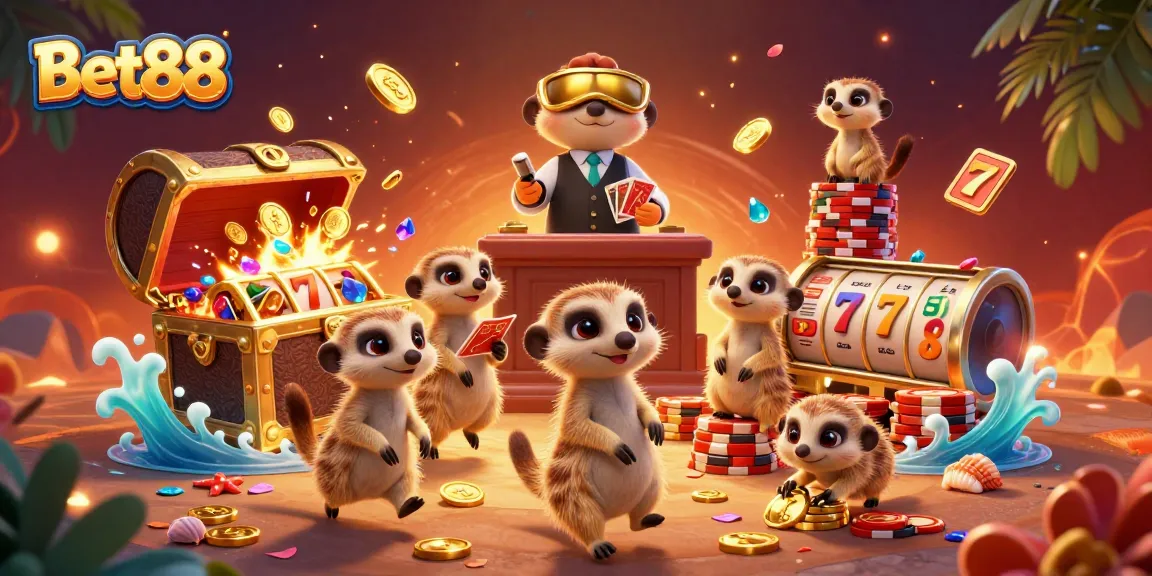 Bet88 meerkats expertly running a vibrant casino operation amid gold coins and colorful gems.