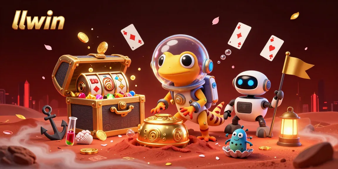 llwin showcases a vibrant casino scene with a Martian gecko discovering riches among gold coins and slot reels.