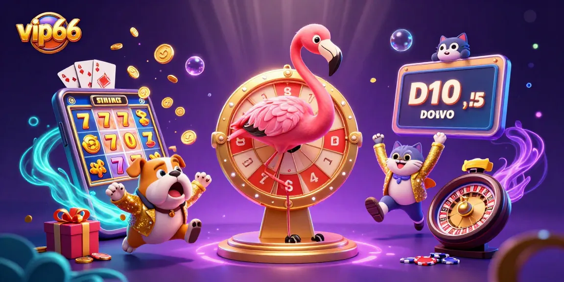 Experience excitement at vip66 with a flamingo host, bulldog contestant, and thrilling slot games.