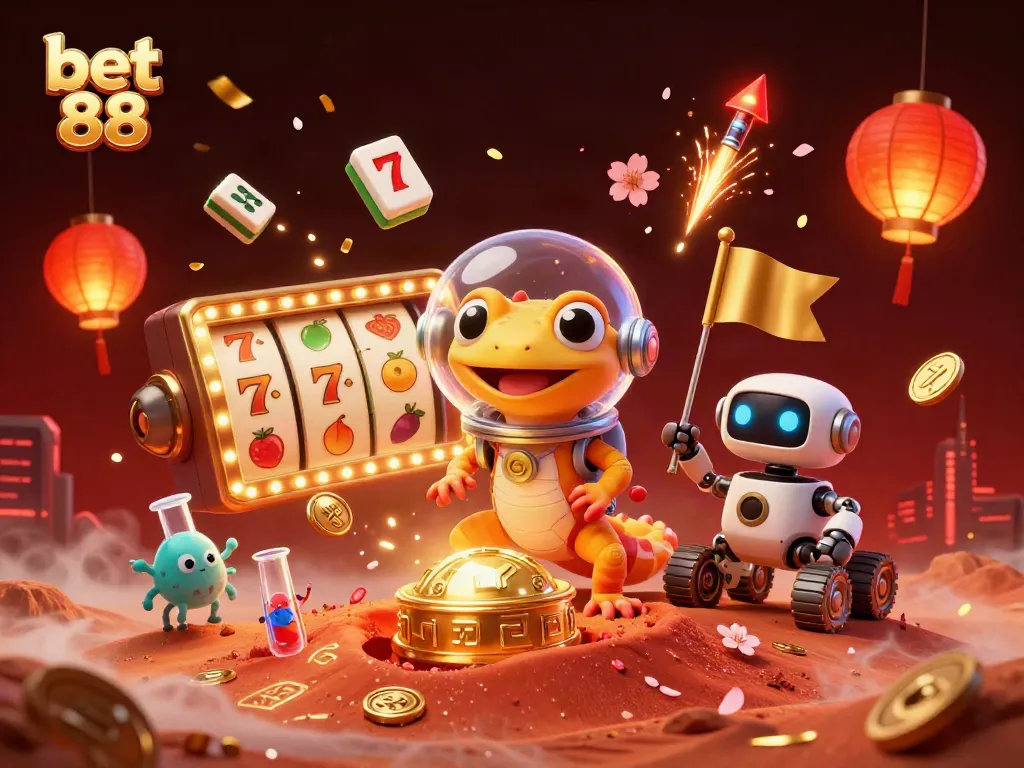 Engage with bet 88 in a vibrant 3D casino scene featuring a Martian gecko and exciting game elements.